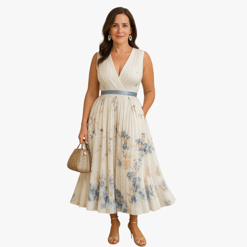 Dame Blomstret Midi Sommerkjole med Plisseret Nederdel