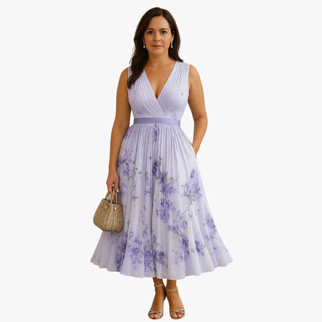 Dame Blomstret Midi Sommerkjole med Plisseret Nederdel