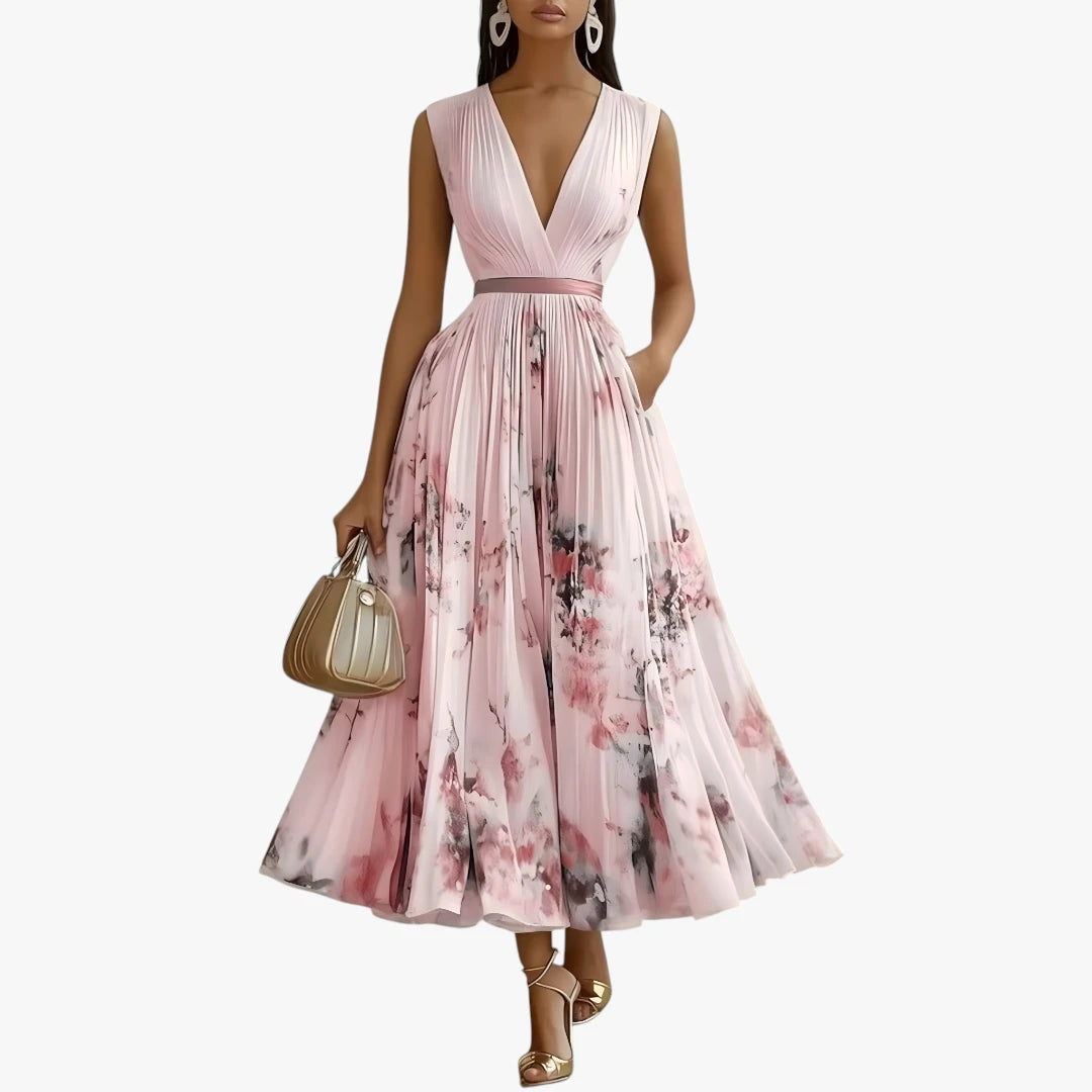 Dame Blomstret Midi Sommerkjole med Plisseret Nederdel