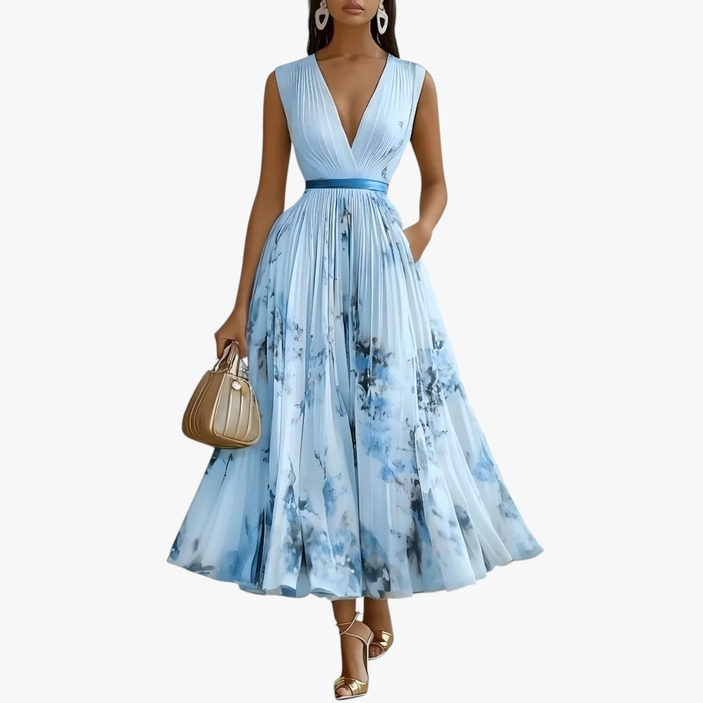 Dame Blomstret Midi Sommerkjole med Plisseret Nederdel
