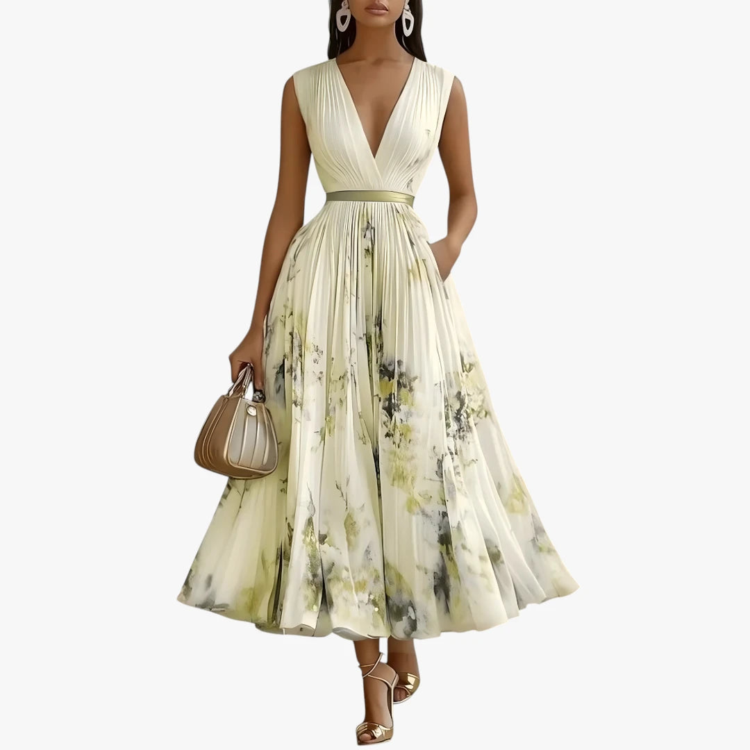 Dame Blomstret Midi Sommerkjole med Plisseret Nederdel