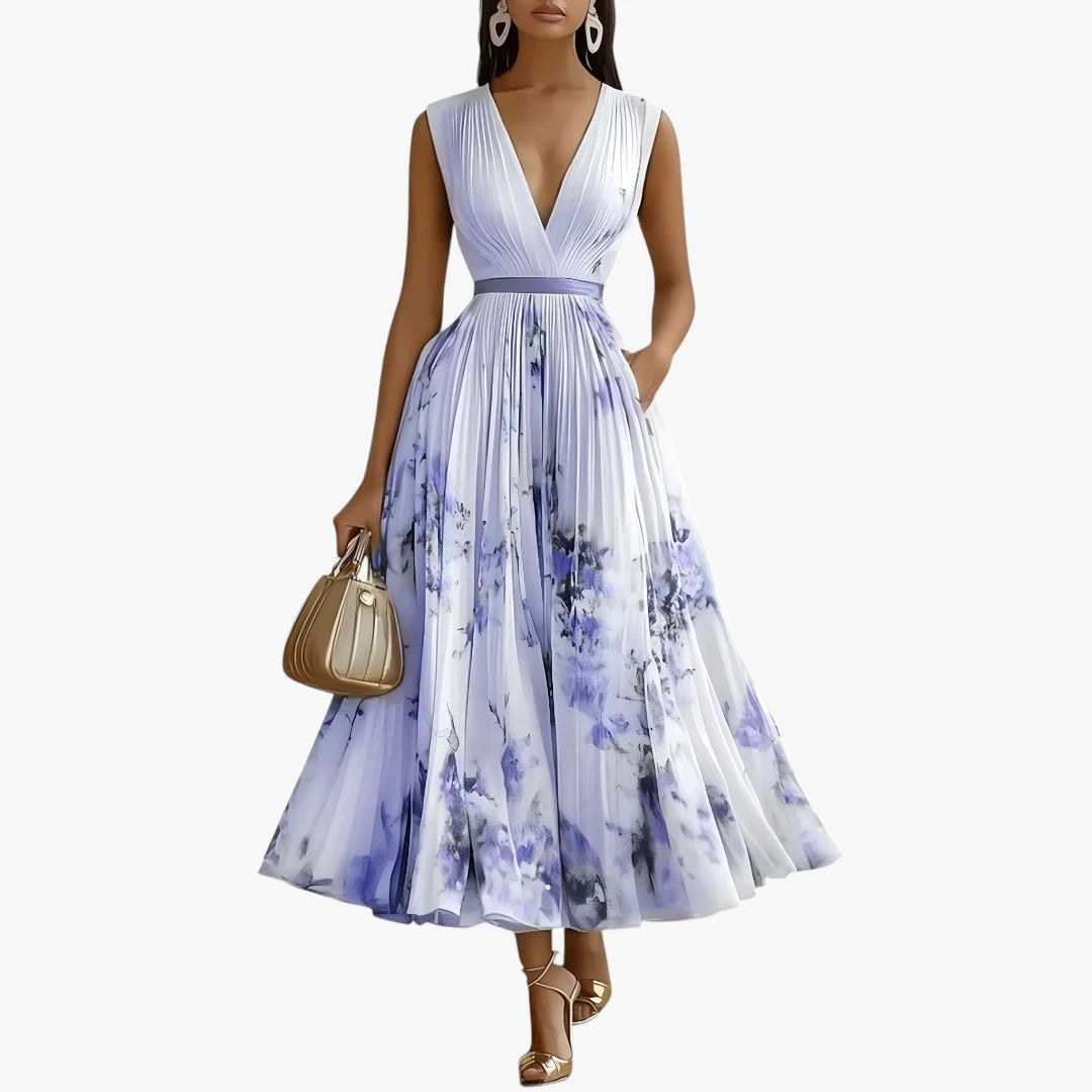 Dame Blomstret Midi Sommerkjole med Plisseret Nederdel