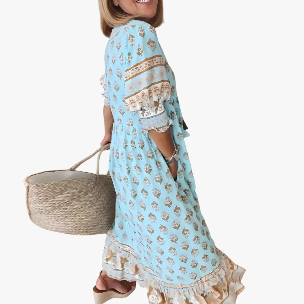 Dame Blomstret Midi Sommerkjole med Smock og Pufærmer