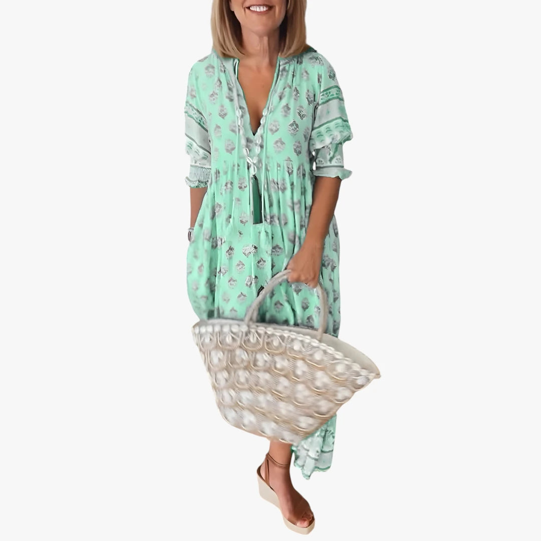 Dame Blomstret Midi Sommerkjole med Smock og Pufærmer