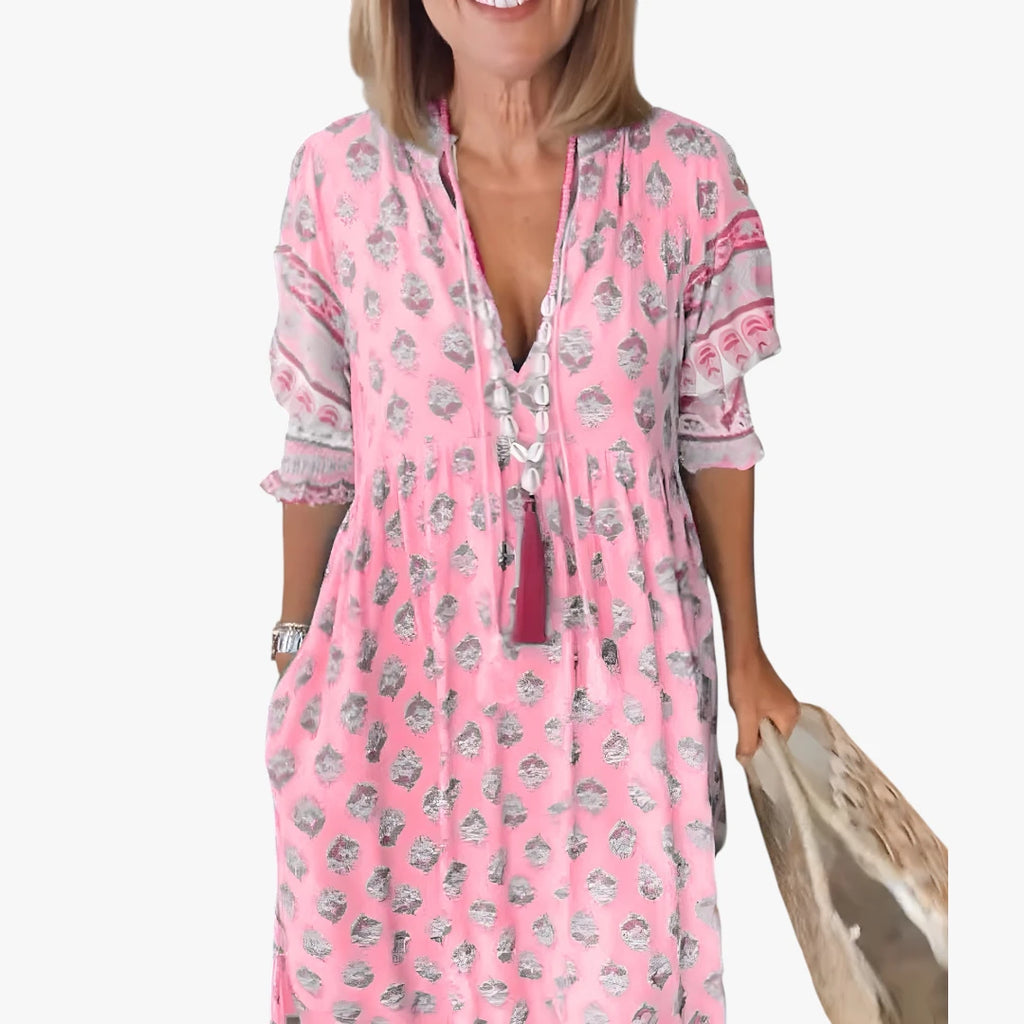 Dame Blomstret Midi Sommerkjole med Smock og Pufærmer