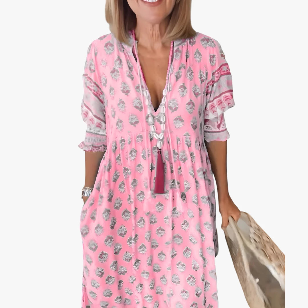 Dame Blomstret Midi Sommerkjole med Smock og Pufærmer