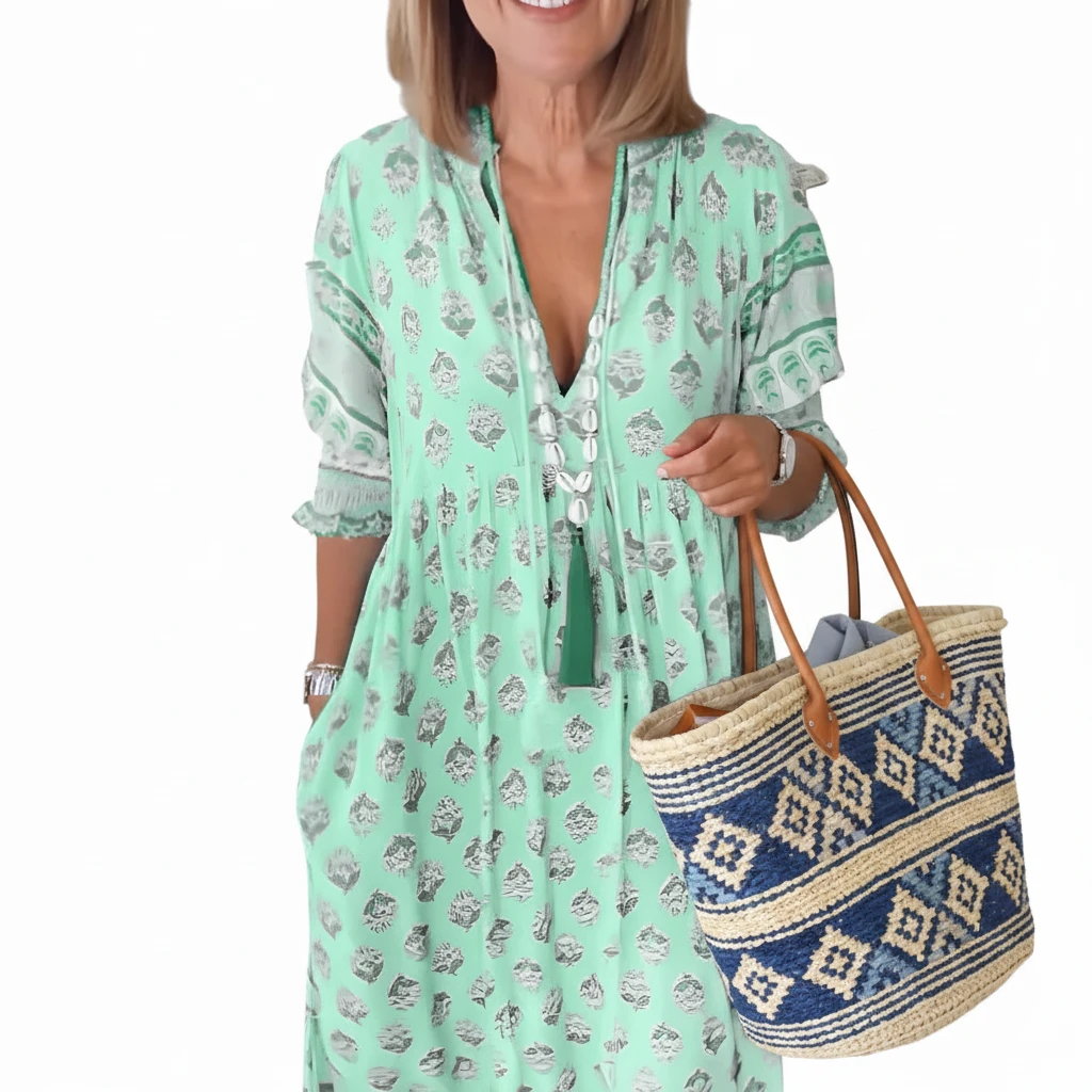 Dame Blomstret Midi Sommerkjole med Smock og Pufærmer