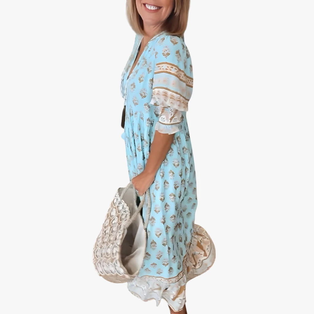 Dame Blomstret Midi Sommerkjole med Smock og Pufærmer