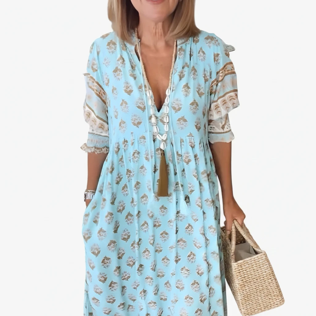 Dame Blomstret Midi Sommerkjole med Smock og Pufærmer