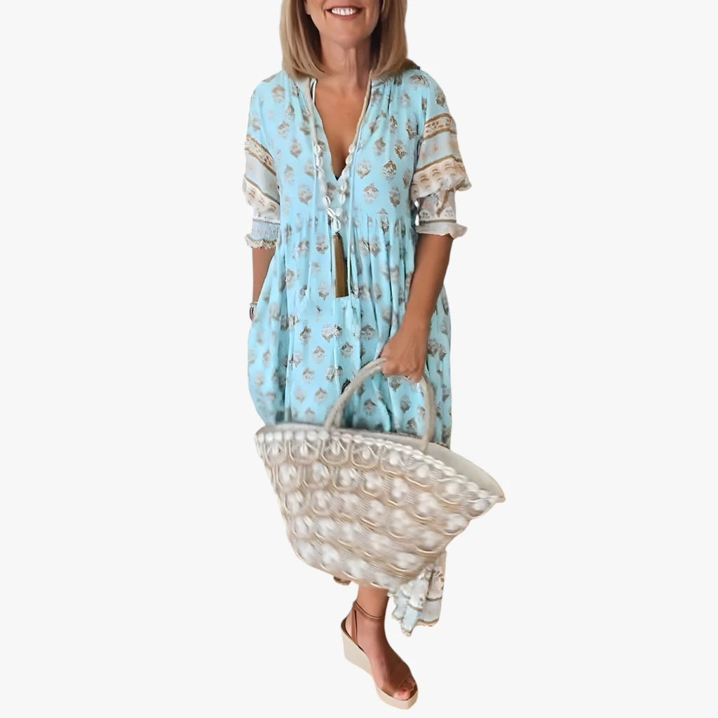 Dame Blomstret Midi Sommerkjole med Smock og Pufærmer