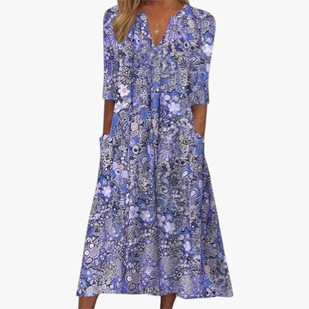 Dame Blomstret Midi Sommerkjole  med V-hals og Lommer
