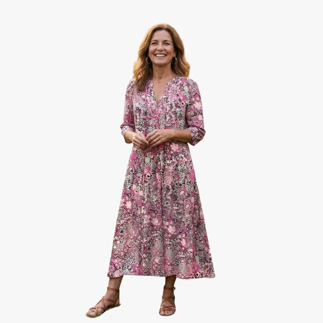 Dame Blomstret Midi Sommerkjole  med V-hals og Lommer