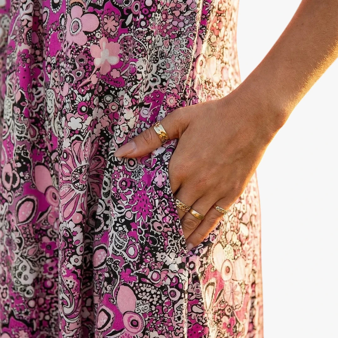 Dame Blomstret Midi Sommerkjole  med V-hals og Lommer