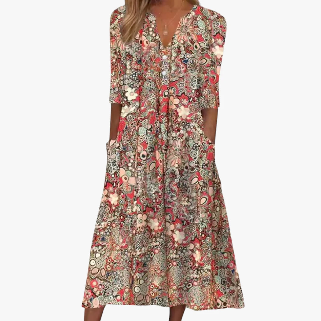 Dame Blomstret Midi Sommerkjole  med V-hals og Lommer