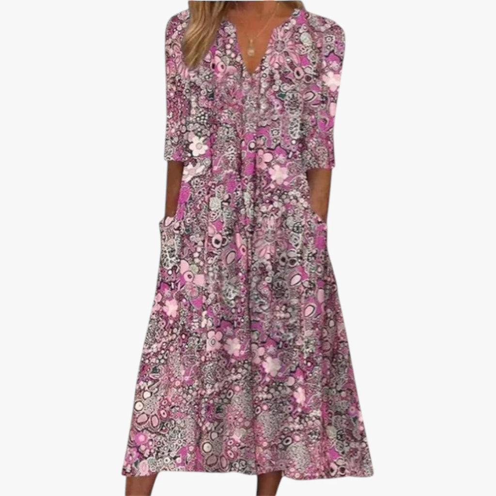 Dame Blomstret Midi Sommerkjole  med V-hals og Lommer