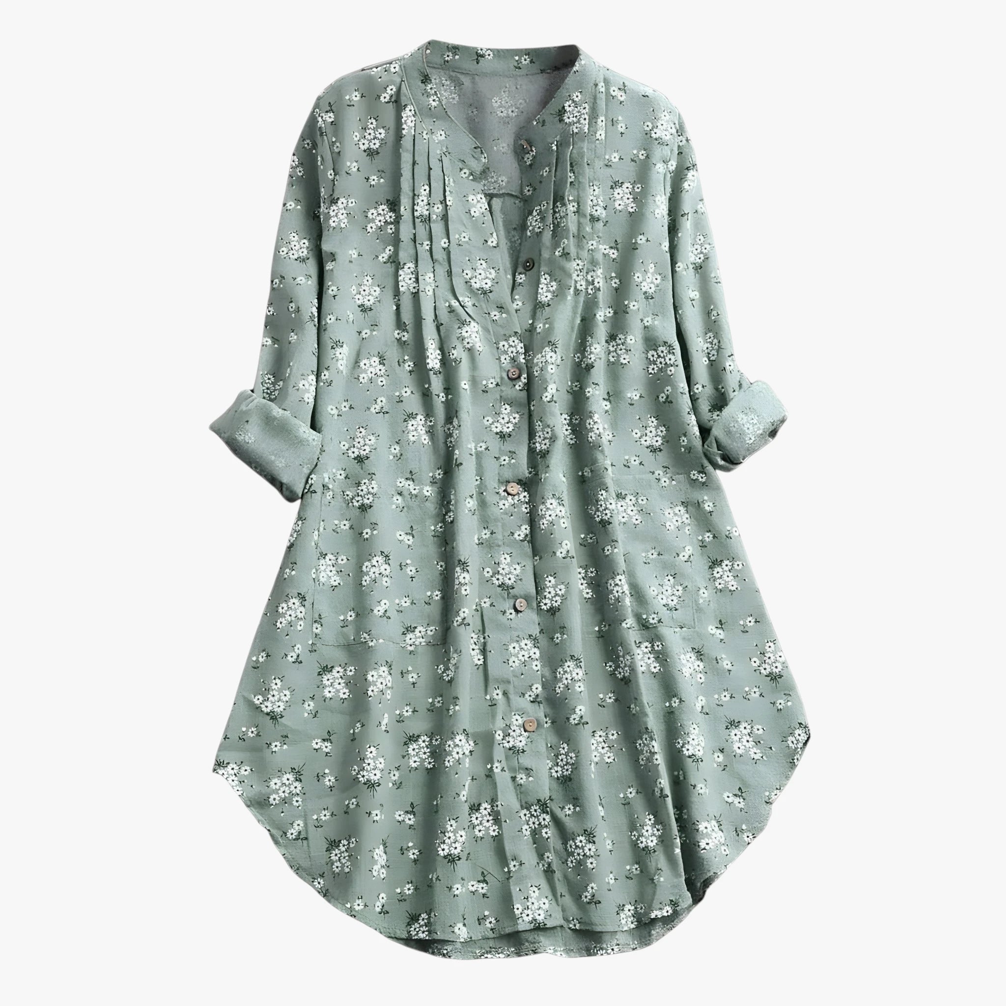 Dame Blomstret Skjortebluse med Kinakrave og V-Udskæring