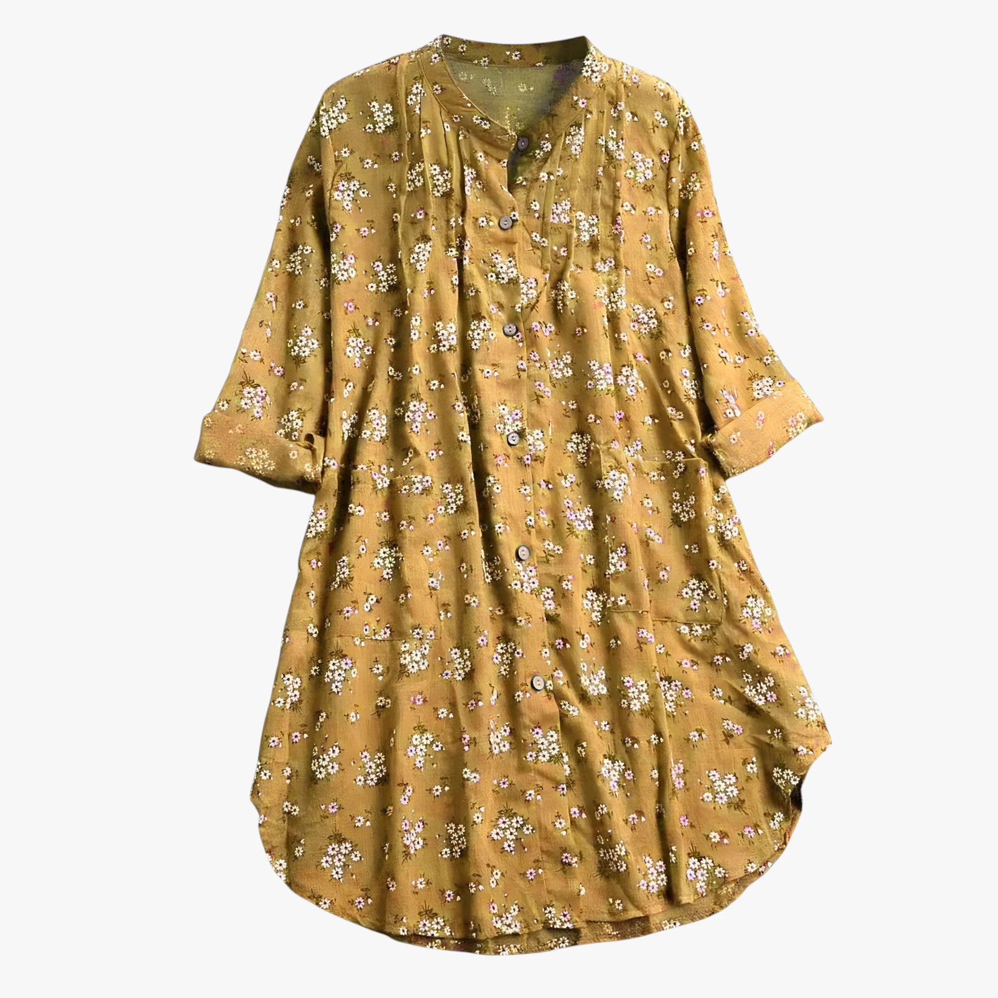 Dame Blomstret Skjortebluse med Kinakrave og V-Udskæring
