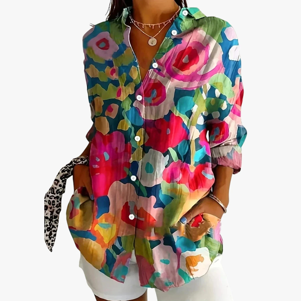 Dame Blomstret Skjortebluse med Knapper