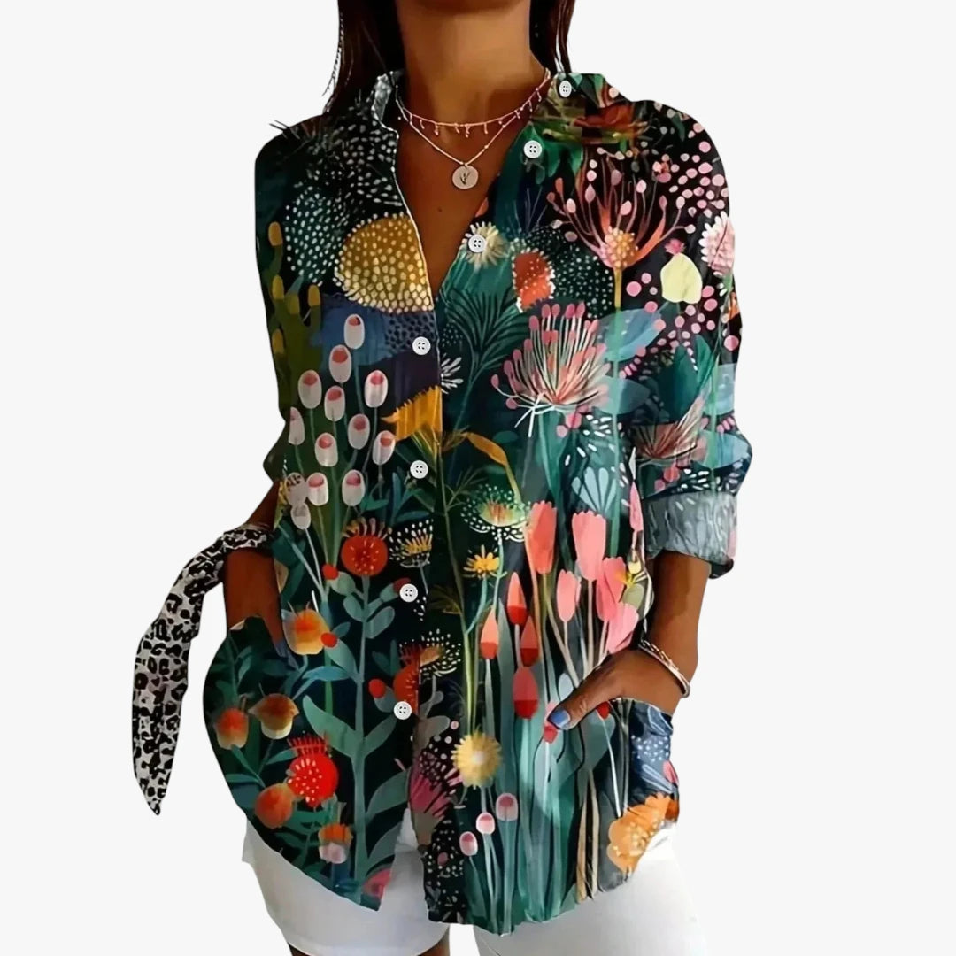 Dame Blomstret Skjortebluse med Knapper