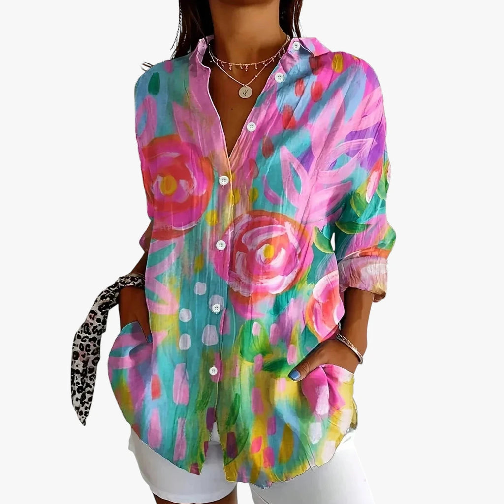 Dame Blomstret Skjortebluse med Knapper