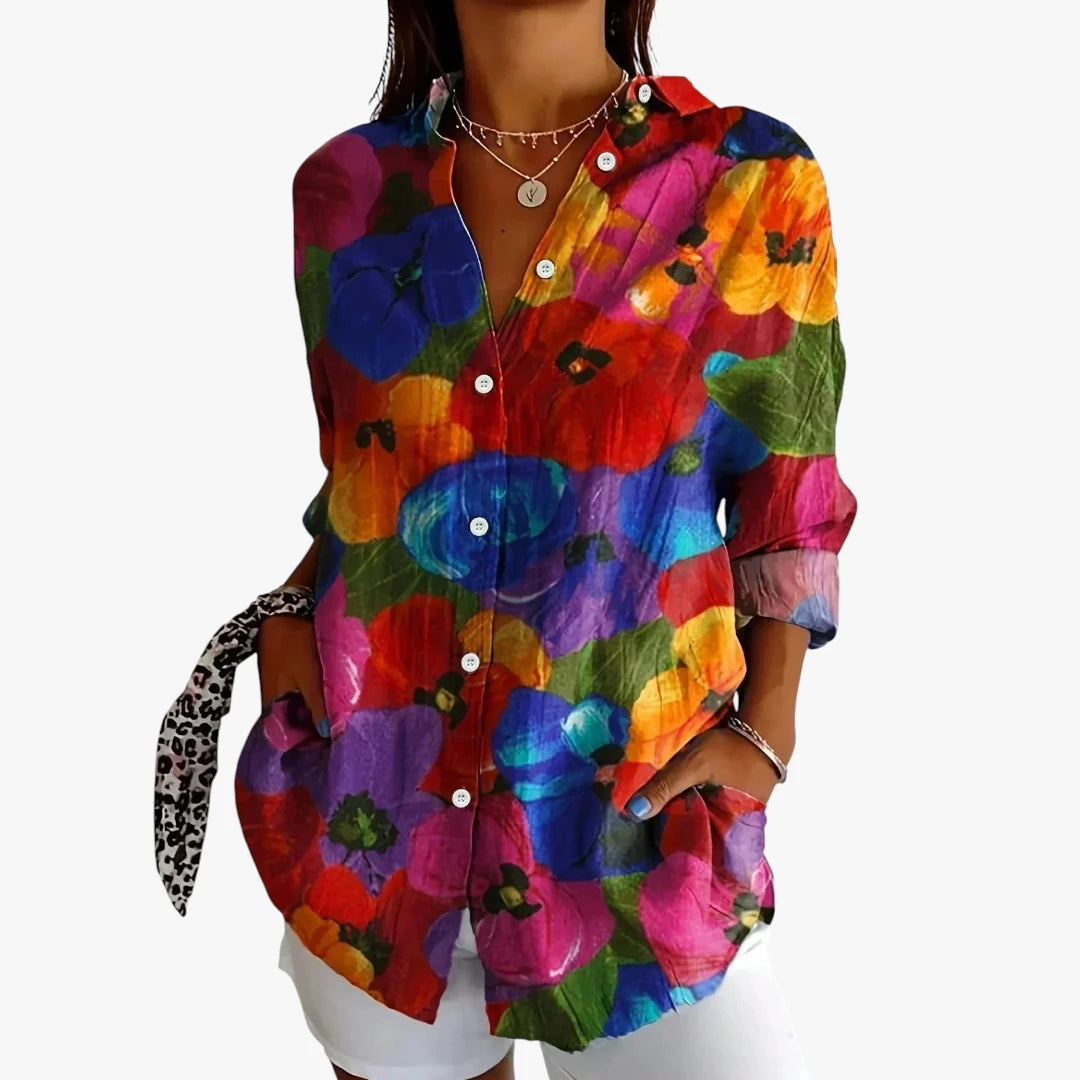 Dame Blomstret Skjortebluse med Knapper