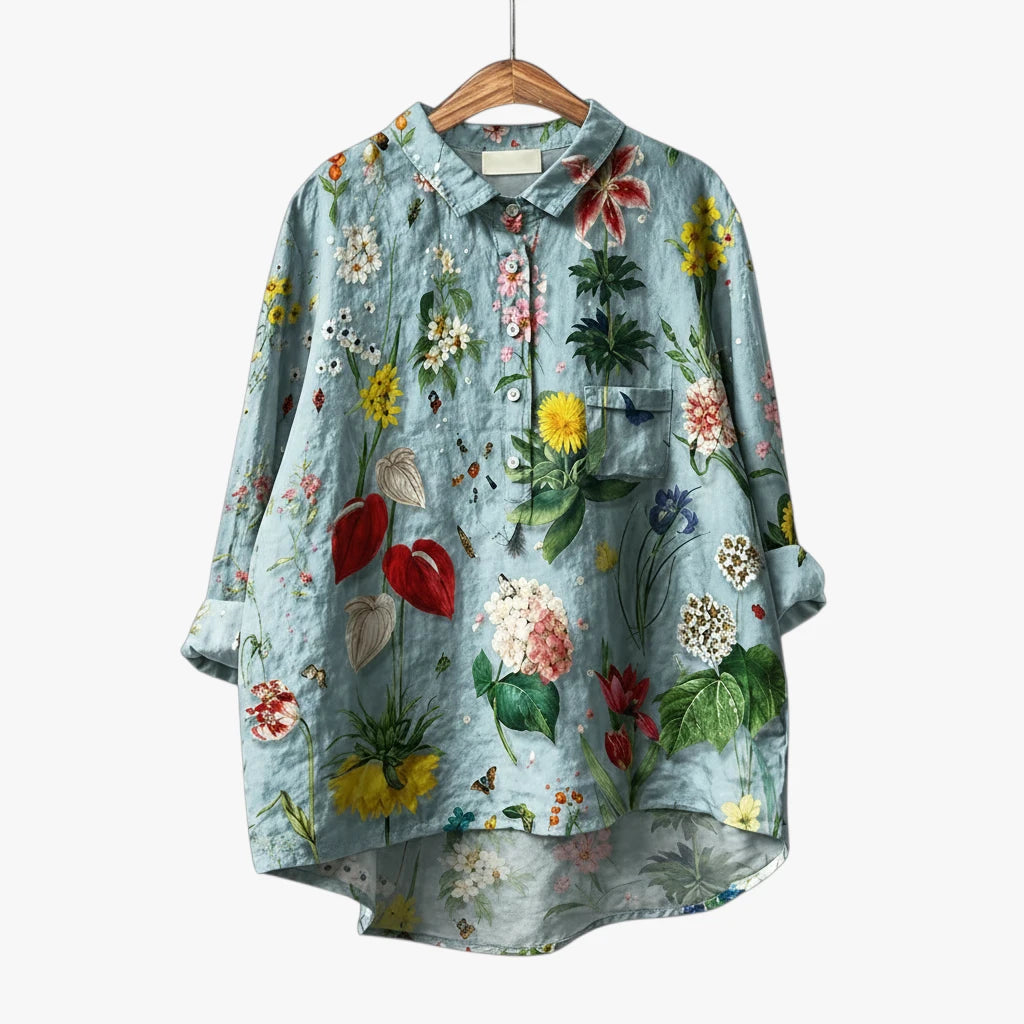 Dame Blomstret Sommerbluse med Langærmet Design og Knapper