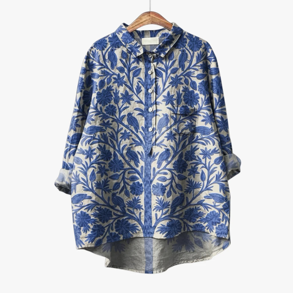 Dame Blomstret Sommerbluse med Langærmet Design og Knapper