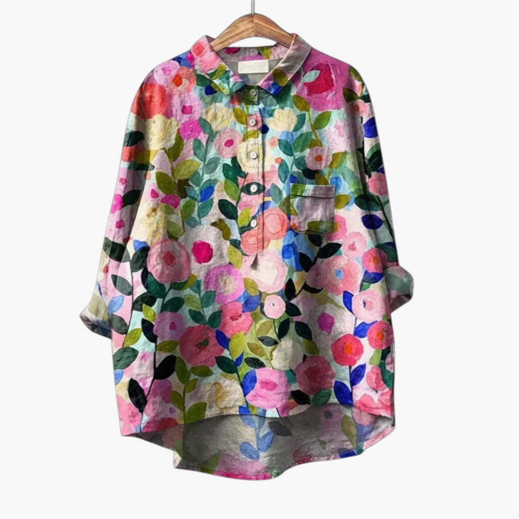 Dame Blomstret Sommerbluse med Langærmet Design og Knapper