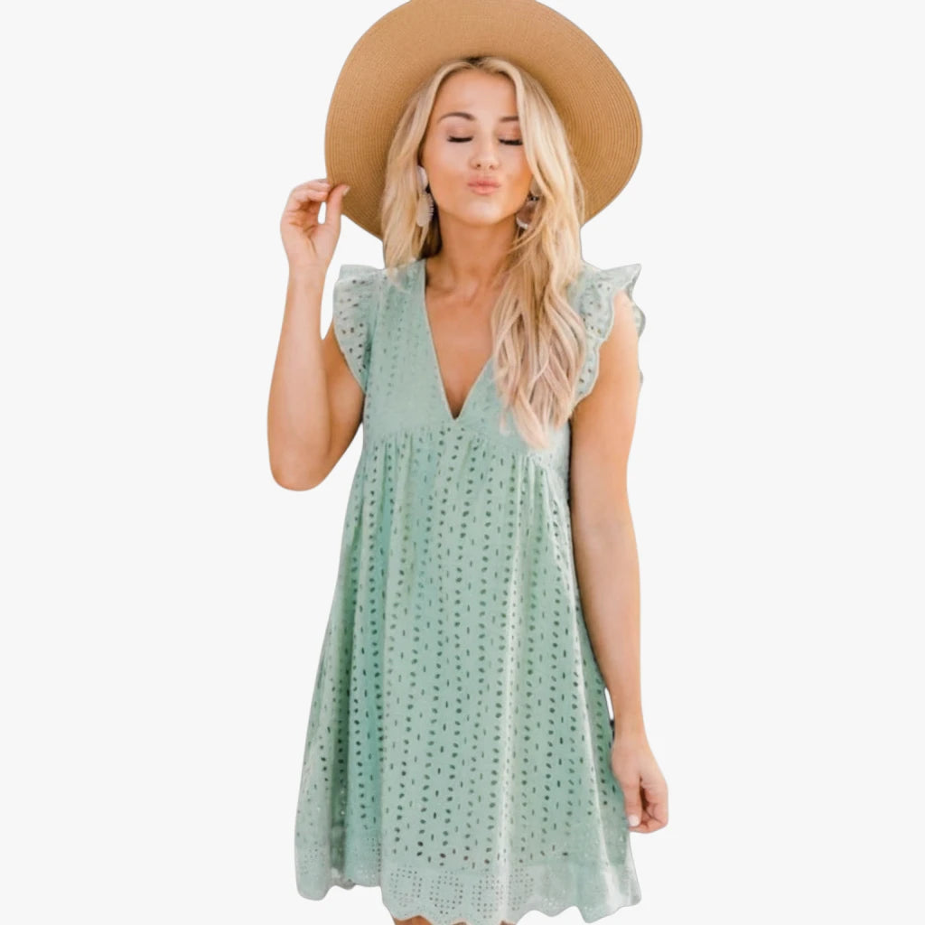Dame Blonde Mini Sommerkjole med Flæser