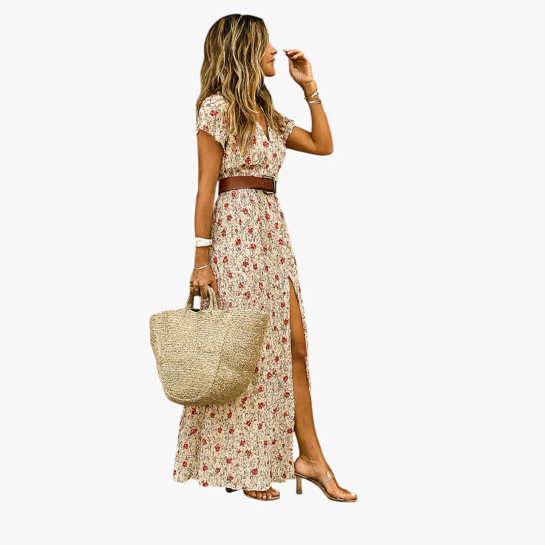 Dame Boheme Maxi Sommerkjole med Blomster og Slids