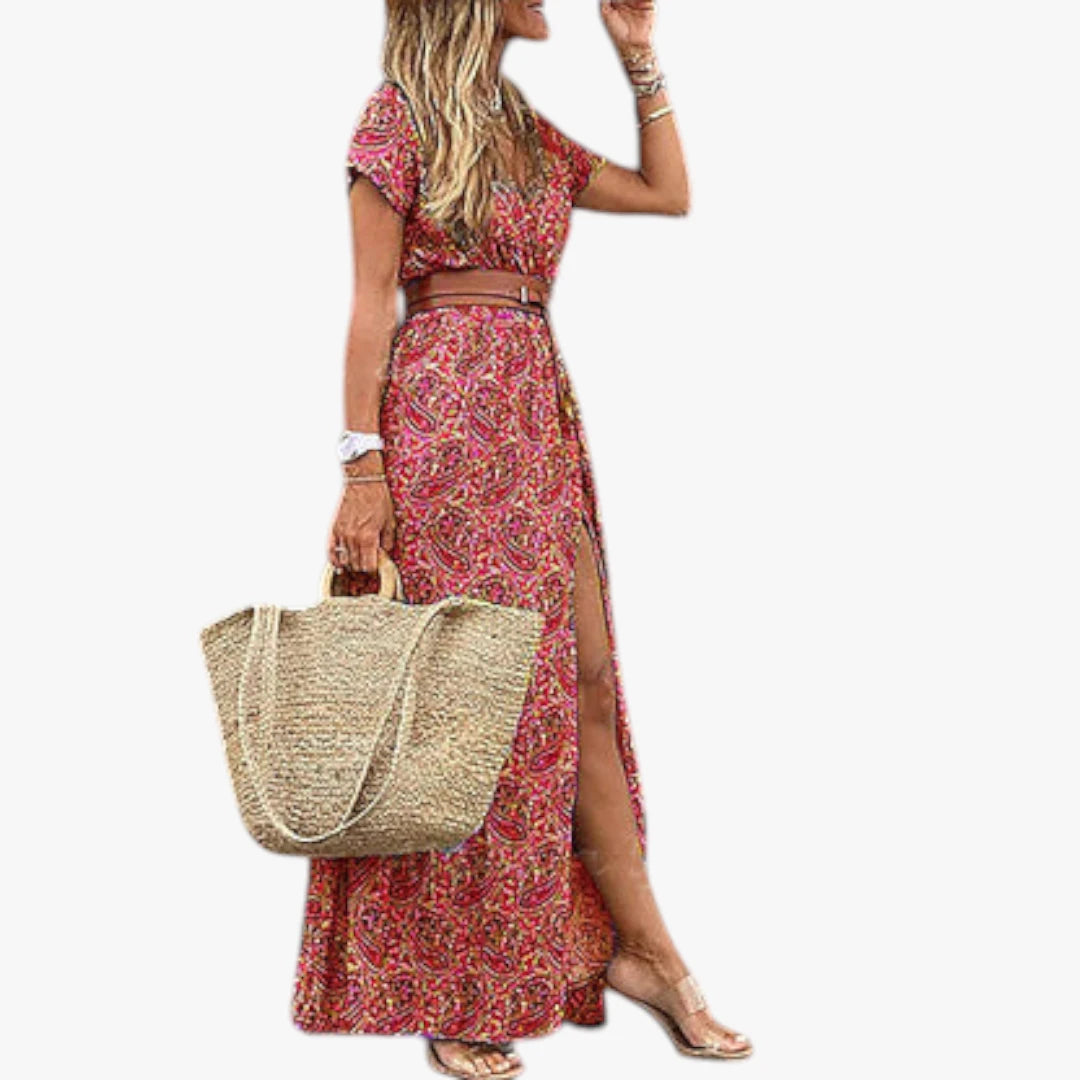 Dame Boheme Maxi Sommerkjole med Blomster og Slids