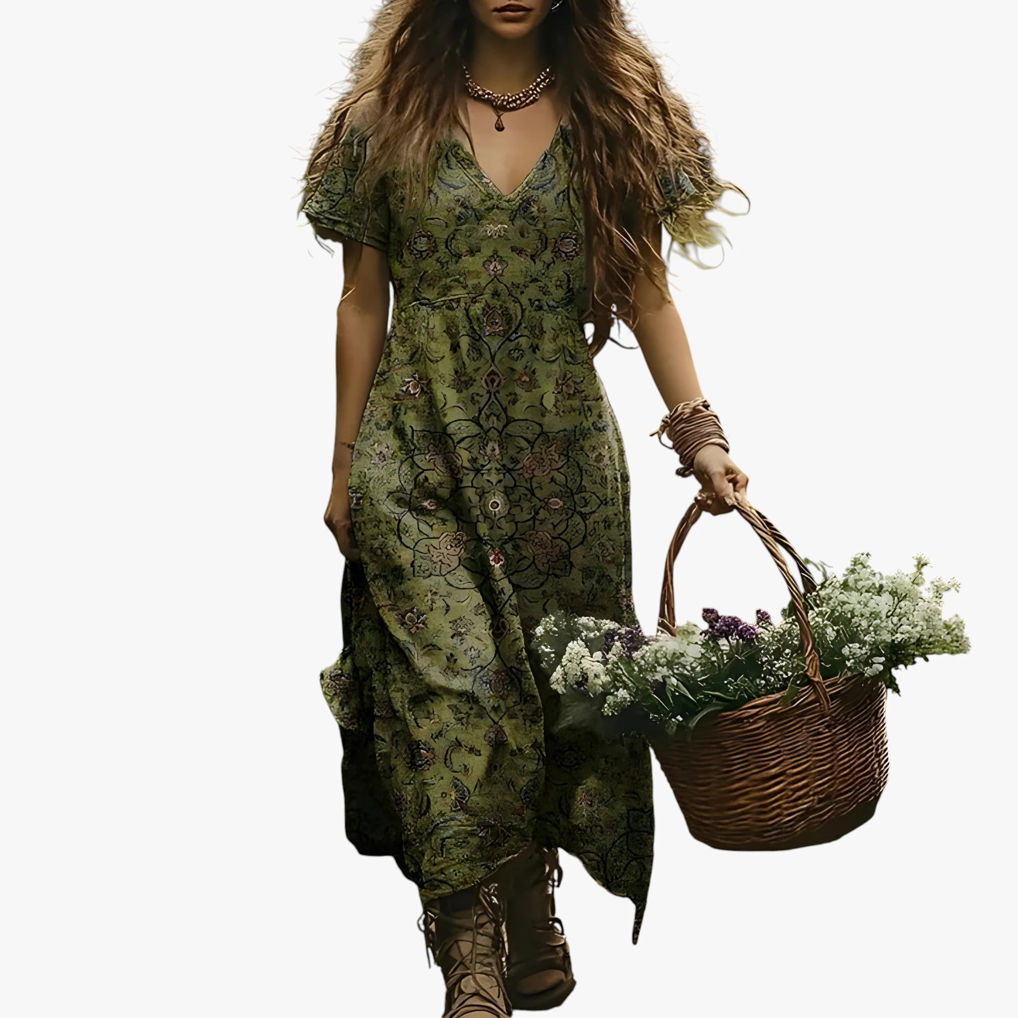 Dame Boheme Midi Sommerkjole med Med Blomster Detalje