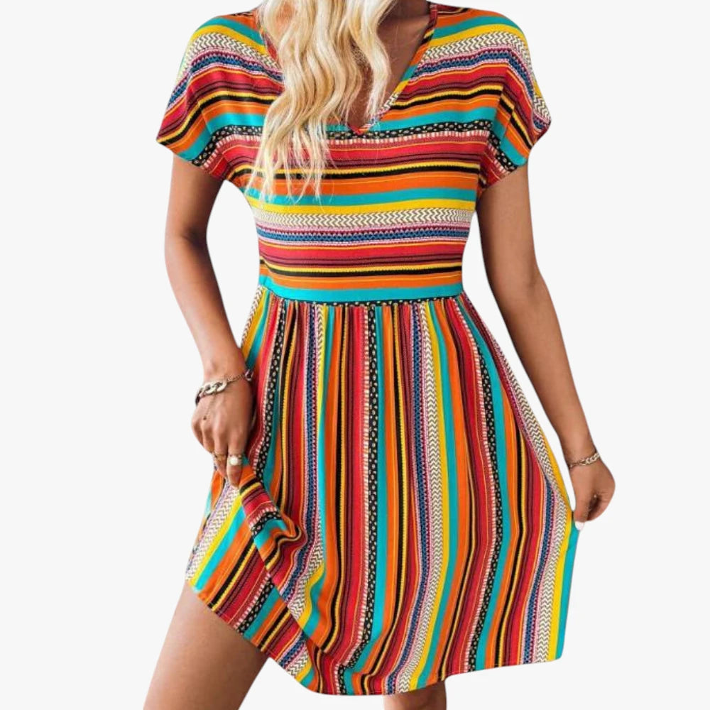 Dame Boheme Mini Sommerkjole med Smock og V-hals