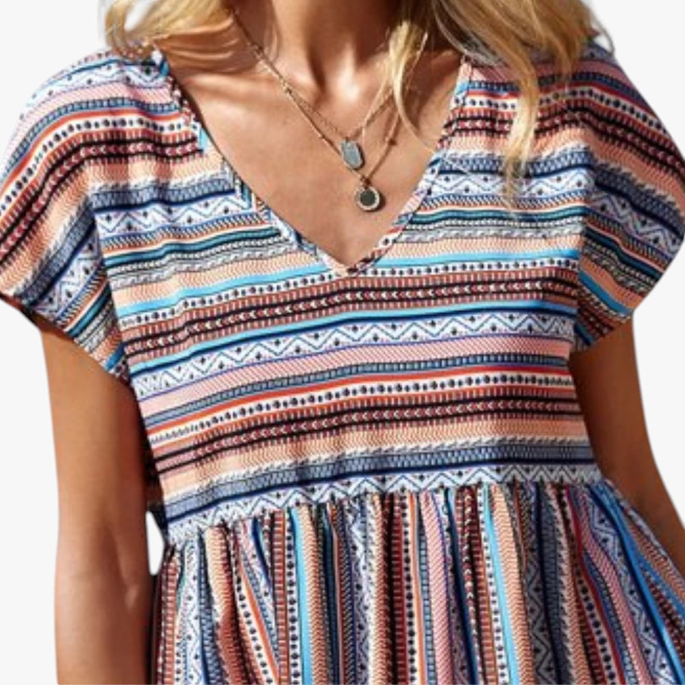 Dame Boheme Mini Sommerkjole med Smock og V-hals