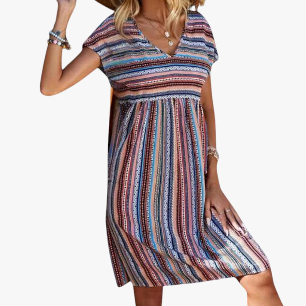 Dame Boheme Mini Sommerkjole med Smock og V-hals