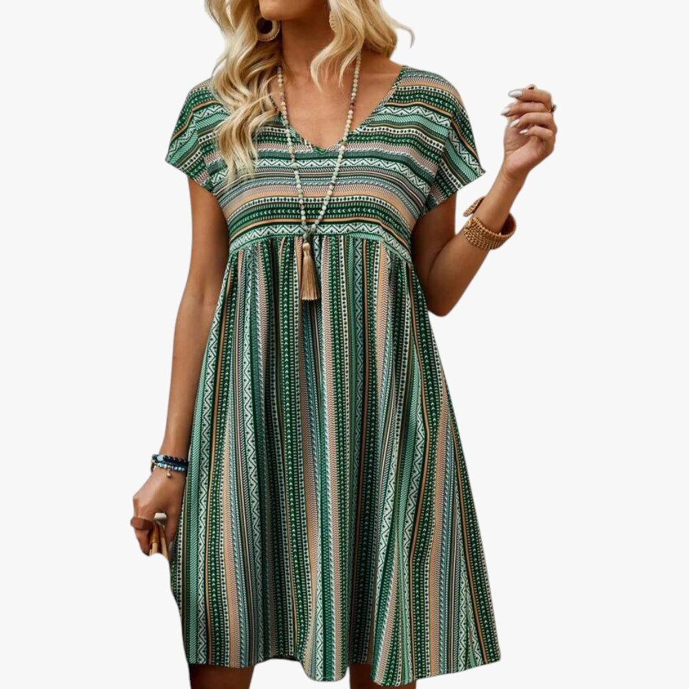 Dame Boheme Mini Sommerkjole med Smock og V-hals