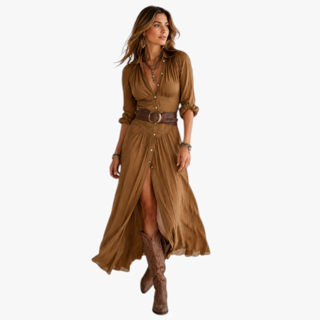 Dame Boho Maxi Sommerkjole med Knapper og V-Udskæring