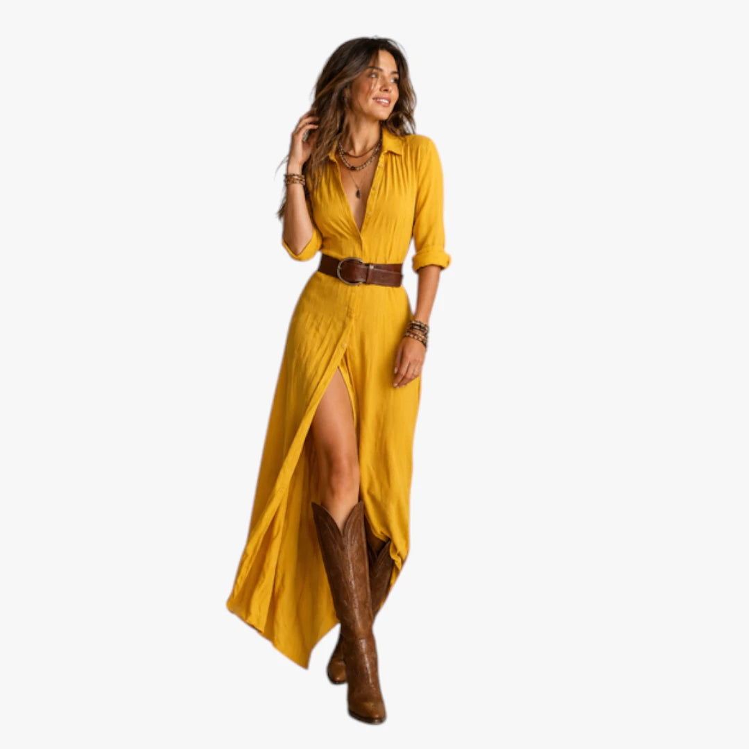 Dame Boho Maxi Sommerkjole med Knapper og V-Udskæring
