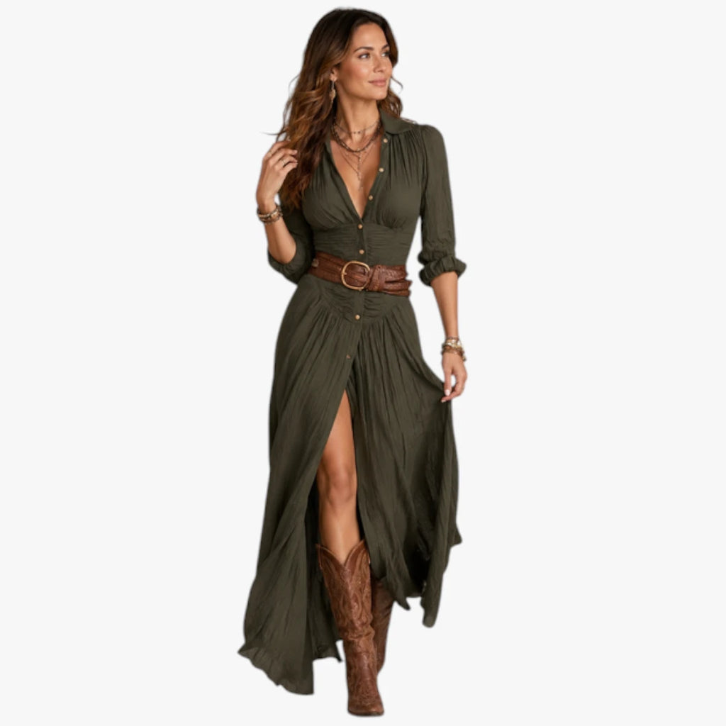 Dame Boho Maxi Sommerkjole med Knapper og V-Udskæring