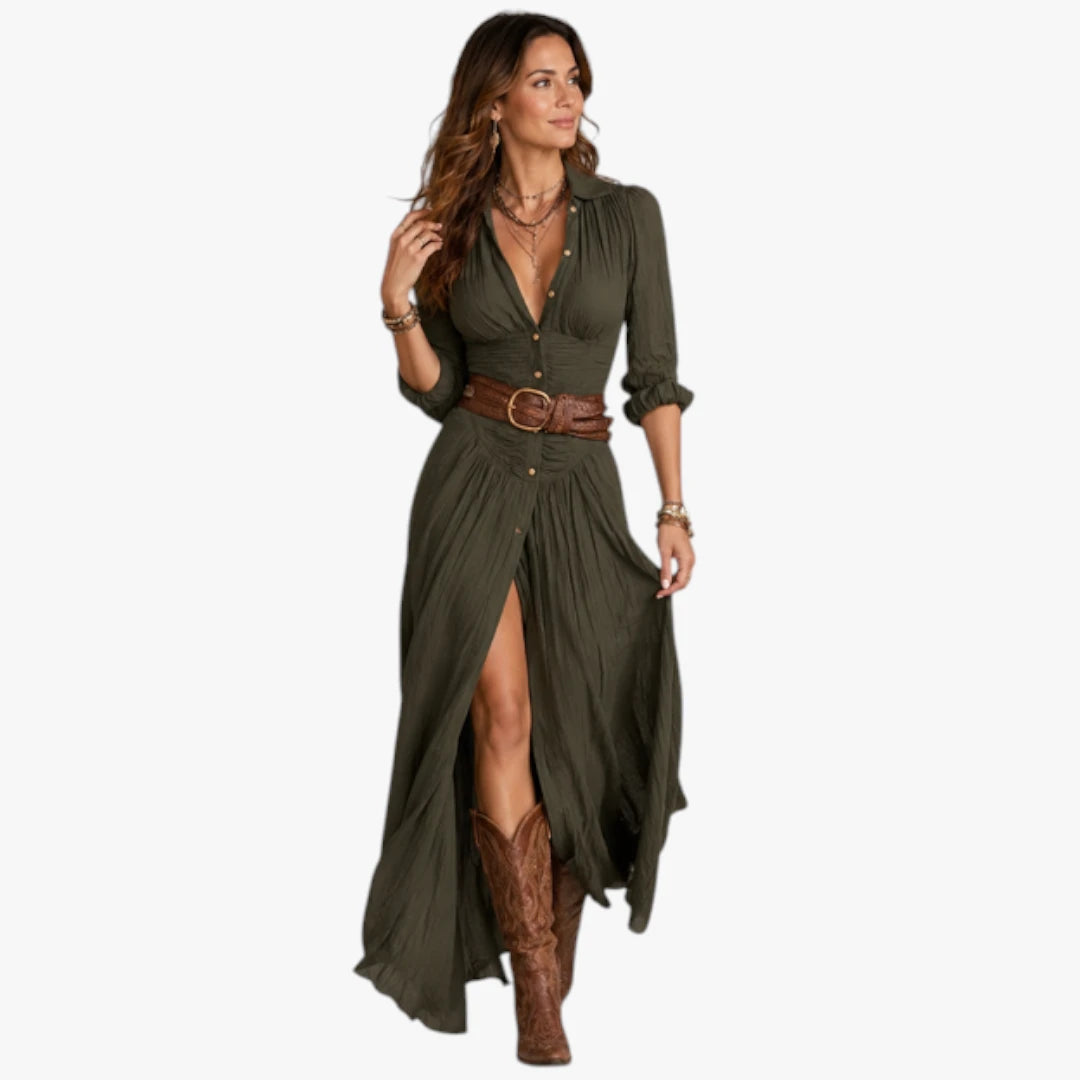 Dame Boho Maxi Sommerkjole med Knapper og V-Udskæring