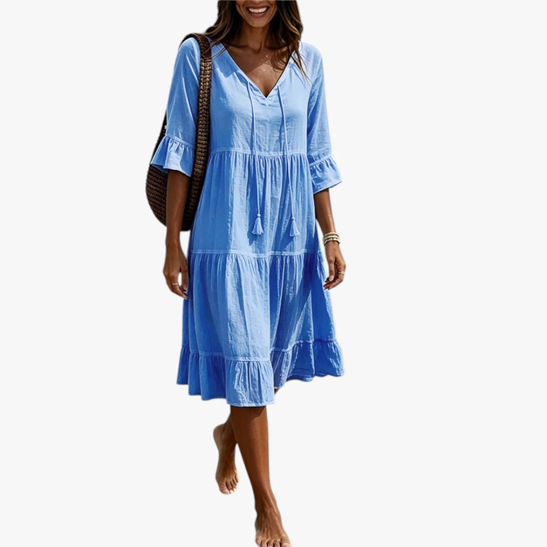 Dame Boho Midi Sommerkjole med Flæser