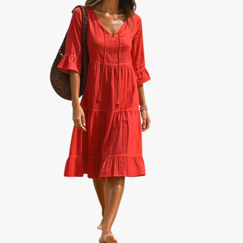 Dame Boho Midi Sommerkjole med Flæser