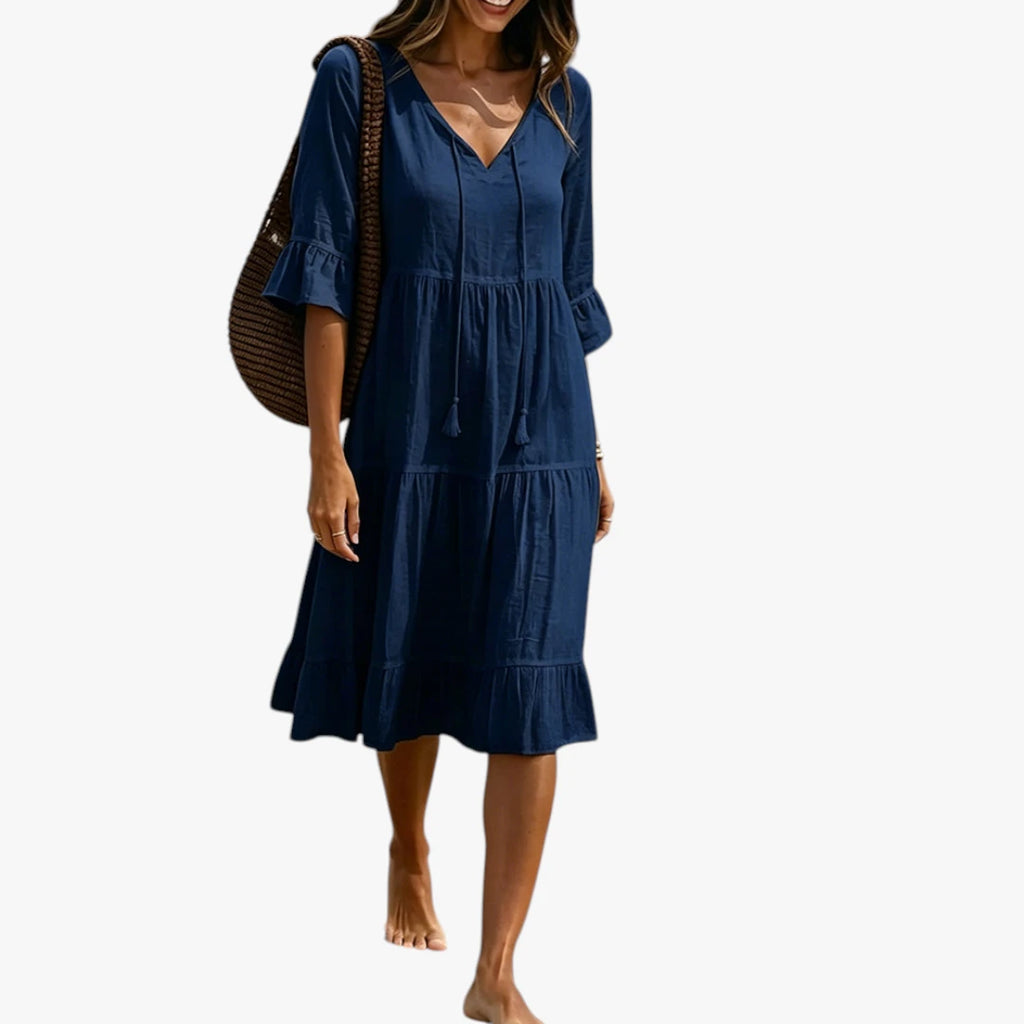 Dame Boho Midi Sommerkjole med Flæser