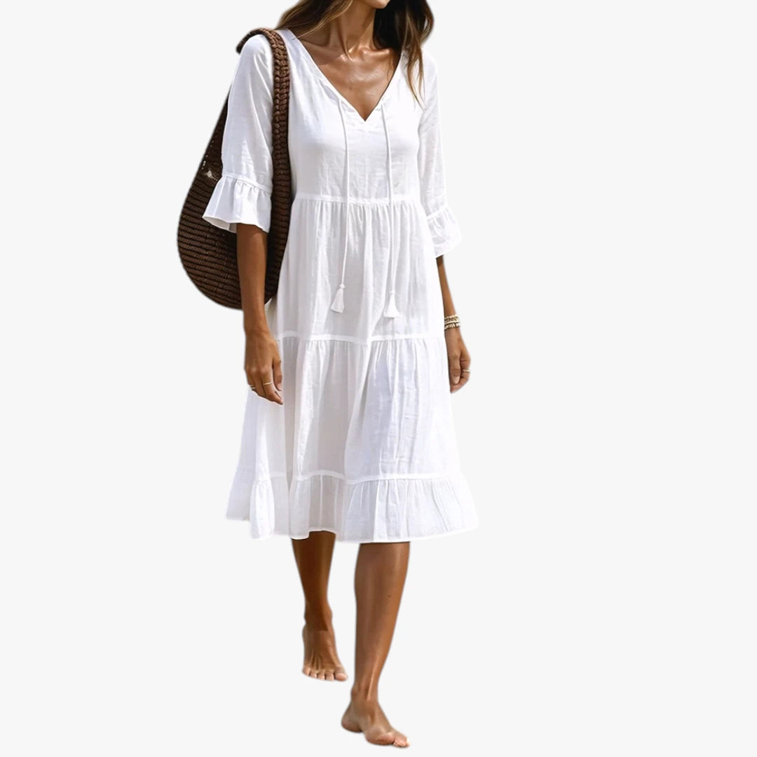 Dame Boho Midi Sommerkjole med Flæser