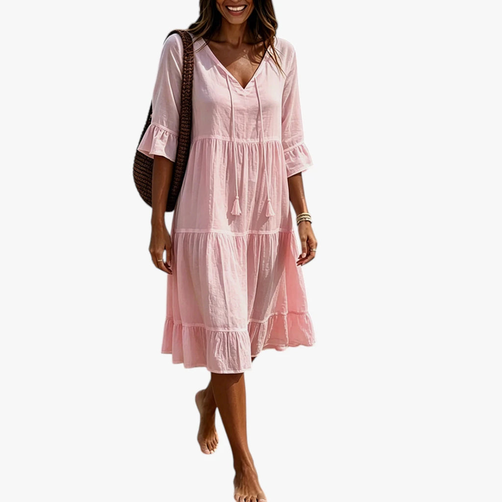 Dame Boho Midi Sommerkjole med Flæser