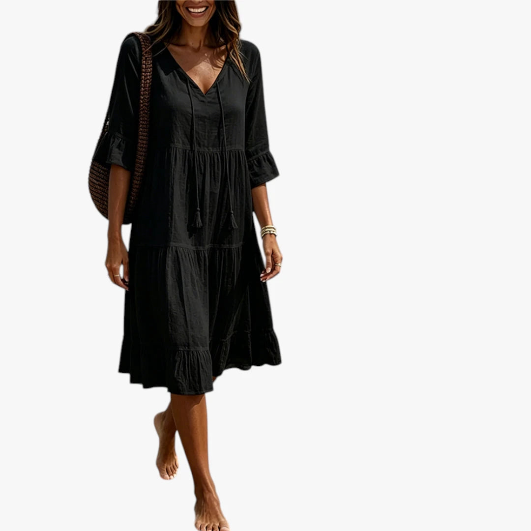 Dame Boho Midi Sommerkjole med Flæser