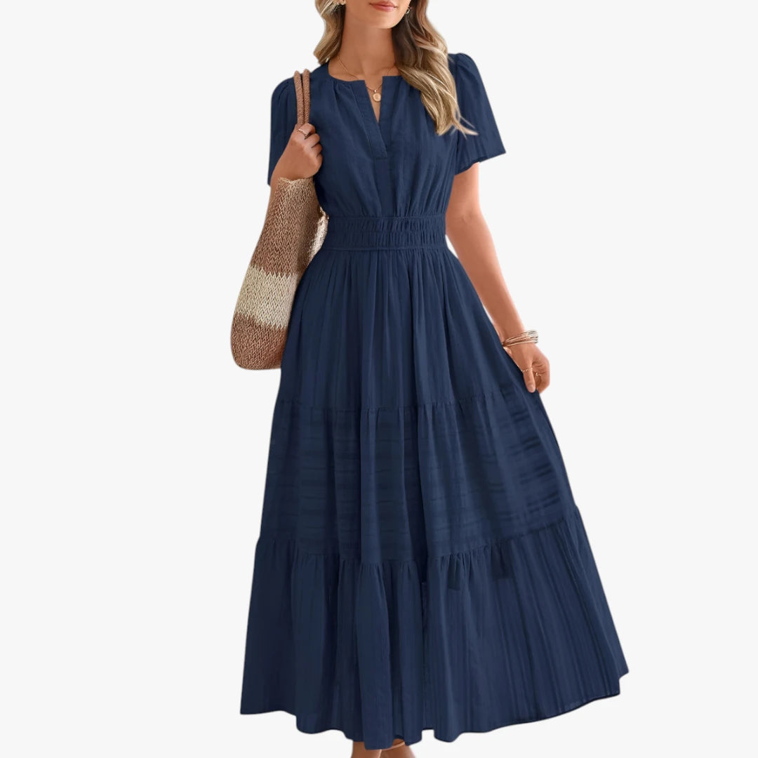 Dame Boho Midi Sommerkjole med Smock Detalje