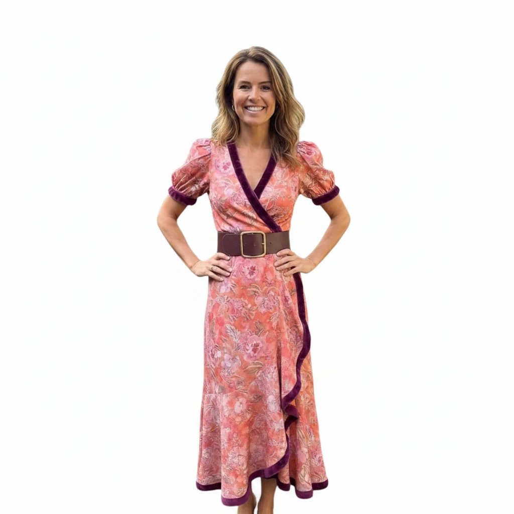 Dame Boho Midi Sommerkjole med V-Udskæring og Flæser