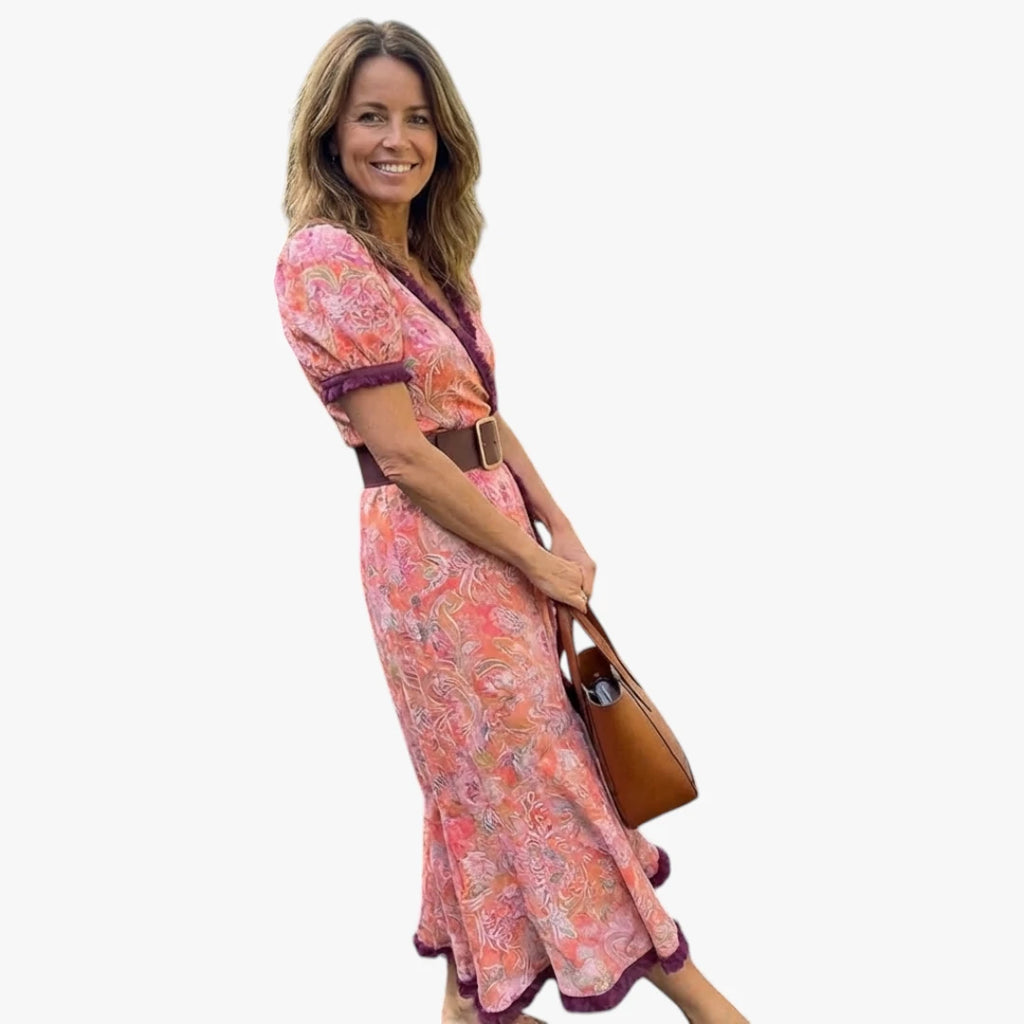 Dame Boho Midi Sommerkjole med V-Udskæring og Flæser