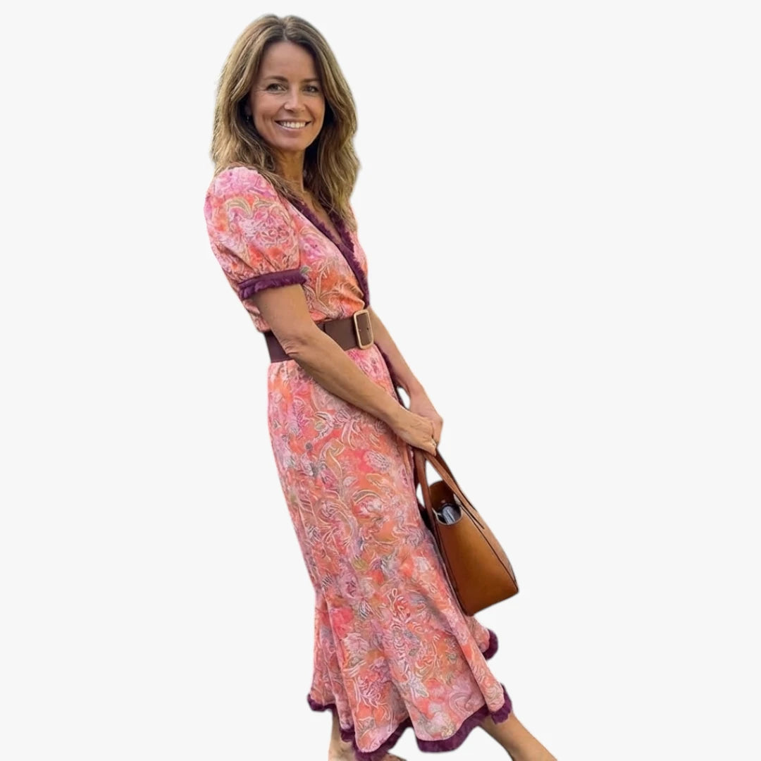 Dame Boho Midi Sommerkjole med V-Udskæring og Flæser